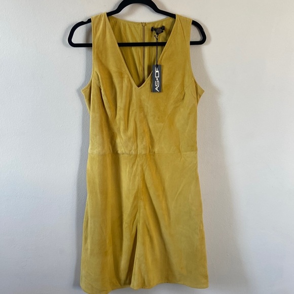 New AS by DF suede Miss Grey Yellow mini dress Leather Medium Luxury Flare Short - Picture 2 of 6
